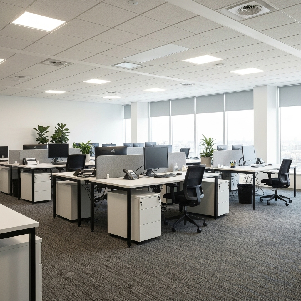 Modern office space with natural lighting and collaborative workspace
